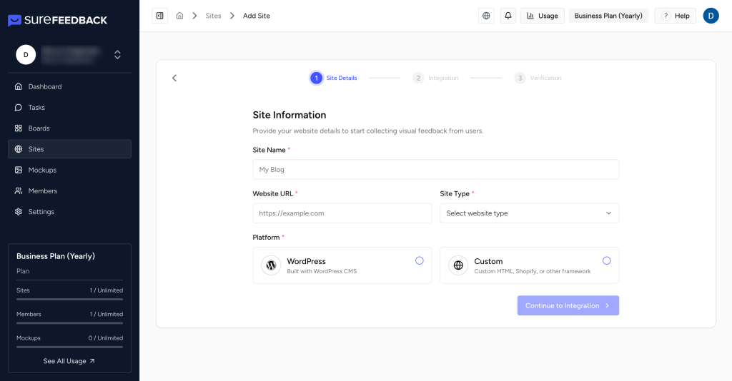 SureFeedback Cloud Setup & Workflow Guide sites add new