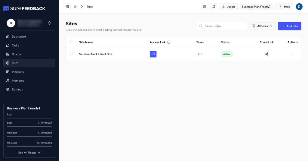 SureFeedback Cloud Setup & Workflow Guide sites page