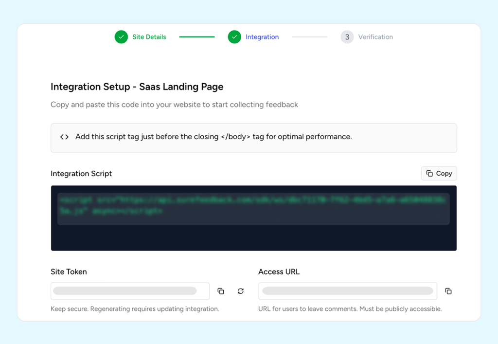 SureFeedback Site Connection other platform setup