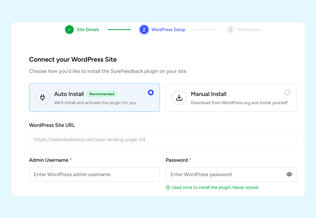 SureFeedback Site Connection wp setup