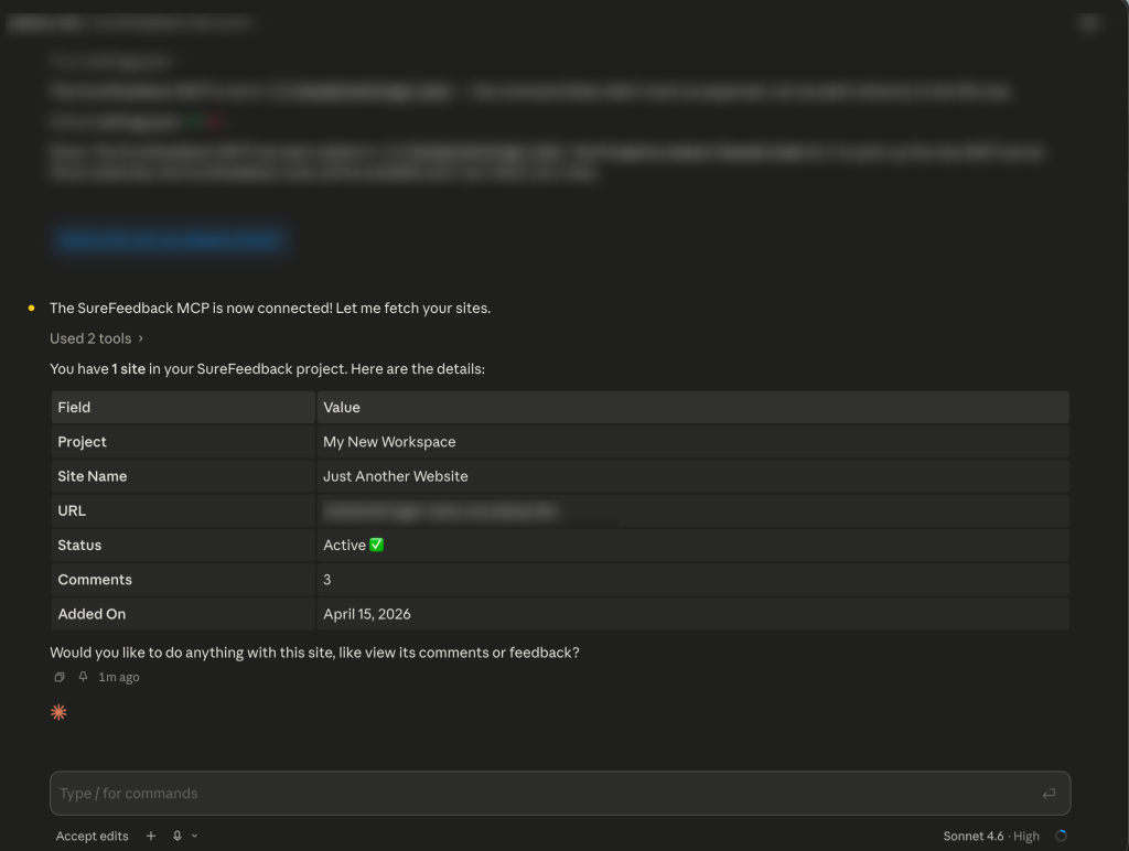 SureFeedback MCP Guide claude desktop showing sf connection