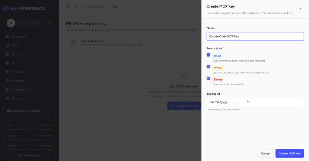 SureFeedback MCP Guide create mcp permissions