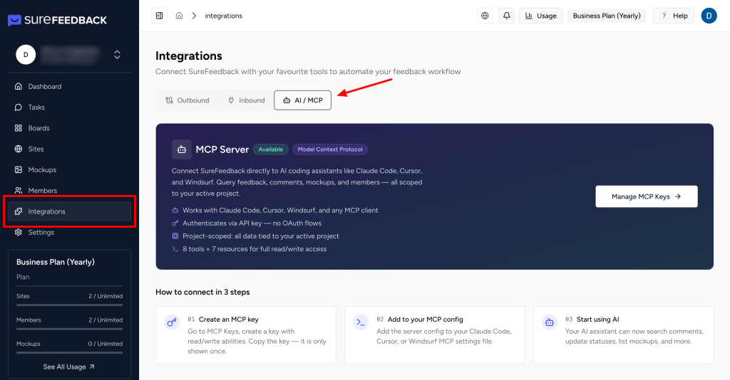 SureFeedback MCP Guide integrations tab ai:mcp